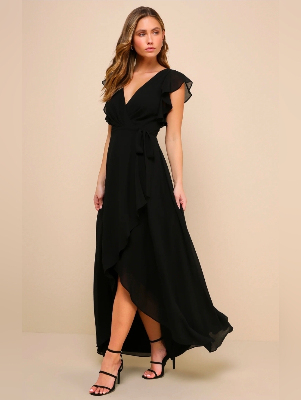 Lulu's Black V-Neck Ruffle Wrap High-Low Maxi Dress